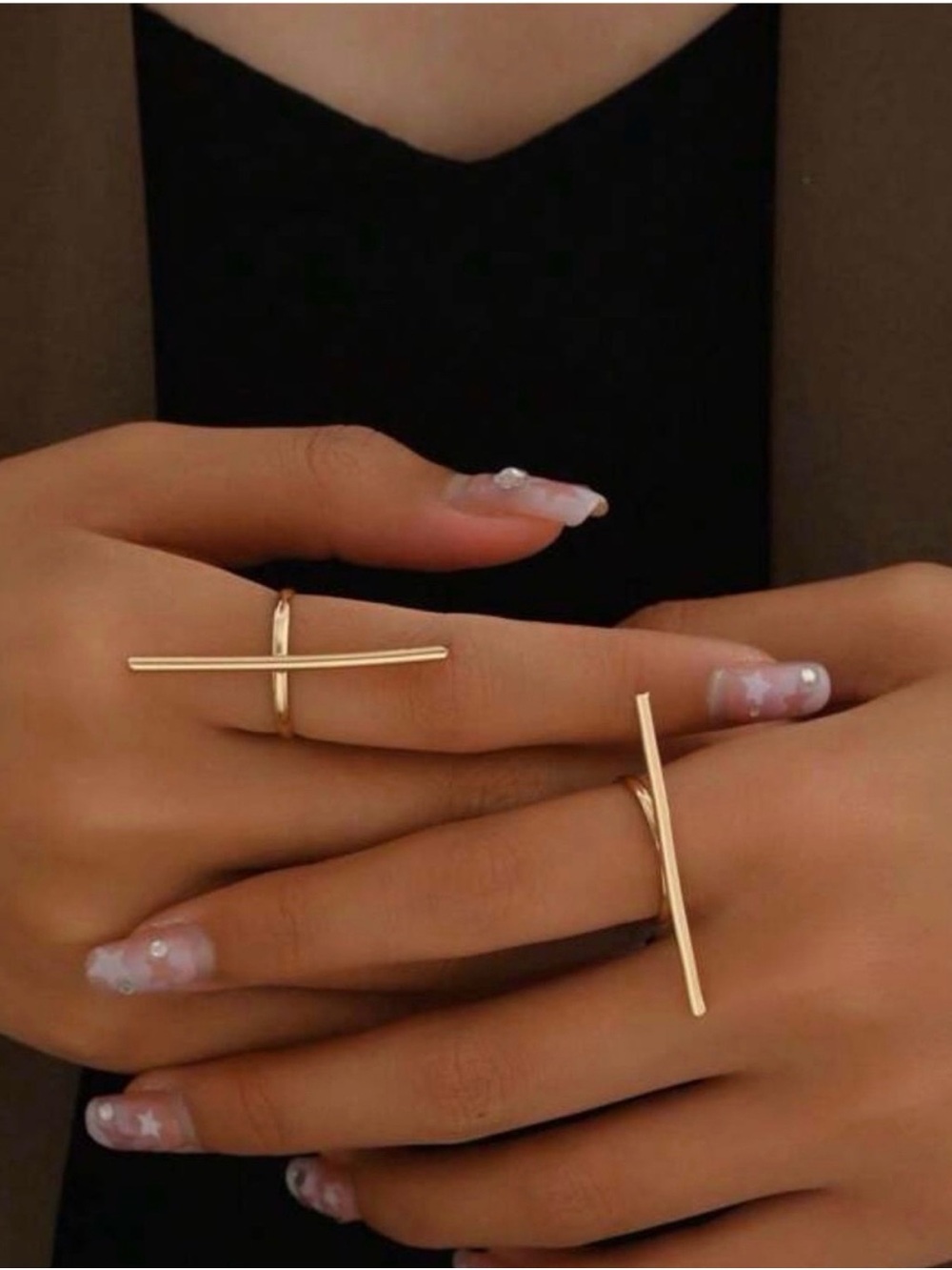 Gold Horizontal Bar Cross Ring - Set of 2